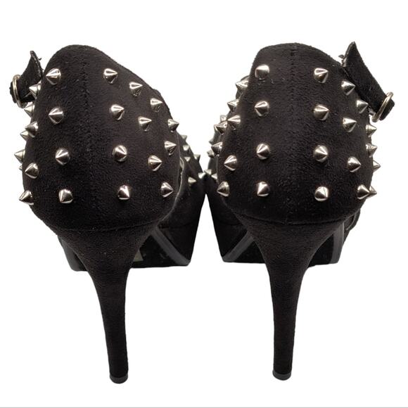 Speed Limit 98 Black Faux Suede Silver Spikes Open Toe Pump Heels 7.5 - Picture 11 of 16